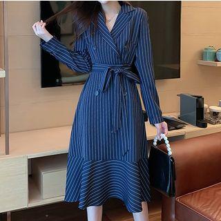 Double-breasted Pinstriped Midi A-line Blazer Dress