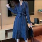 Double-breasted Pinstriped Midi A-line Blazer Dress