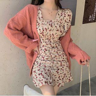 Long-sleeve Floral Print Mini Dress / Chunky Knit Cardigan