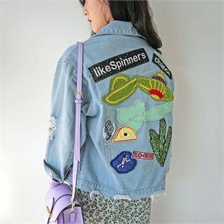 Faux-pearl Beaded Appliqu  Denim Jacket