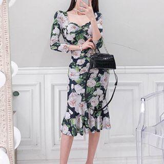 3/4-sleeve Floral Ruffle-hem Midi Bodycon Dress