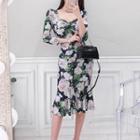 3/4-sleeve Floral Ruffle-hem Midi Bodycon Dress