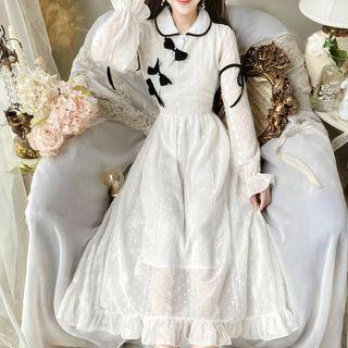 Long-sleeve Bow Accent Dotted Midi A-line Dress