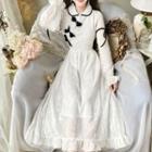 Long-sleeve Bow Accent Dotted Midi A-line Dress
