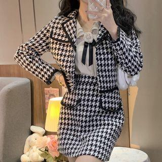 Long-sleeve Houndstooth Cropped Blazer / Peter Pan-collar Shirt / Houndstooth Mini Skirt