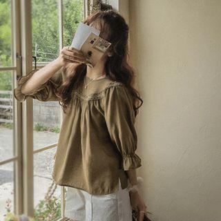 Balloon-sleeve Lace-trim Shirred Blouse
