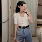 Short-sleeve Square Neck Buttoned Top White - One Size
