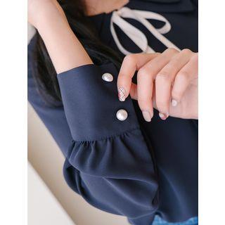 Layered-collar Faux-pearl Blouse With Sash