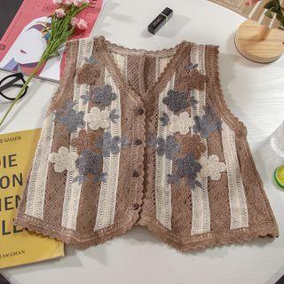 Floral Embroidered Button-up Sweater Vest
