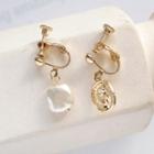 Non-matching Alloy Coin Square Freshwater Pearl Dangle Earring