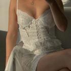 Spaghetti-strap Lace-up Lace Mini Sheath Dress