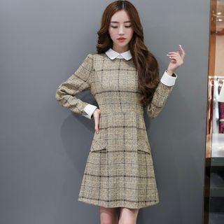 Plaid Long Sleeve Collared A-line Dress