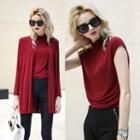 Set: Short-sleeve Mock-neck Top + Plain Cardigan