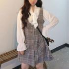 Set: Lace-up Blouse + Plaid Pinafore Dress As Shown In Figure - One Size