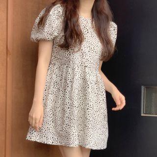 Puff Sleeve Leopard Pattern Dress Ivory - One Size