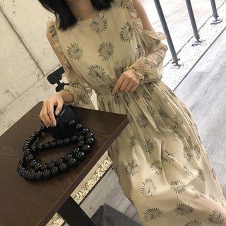 Long-sleeve Cutout Pattern A-line Midi Dress