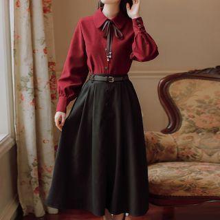 Set: Tie-neck Shirt + Button Detail Midi A-line Skirt