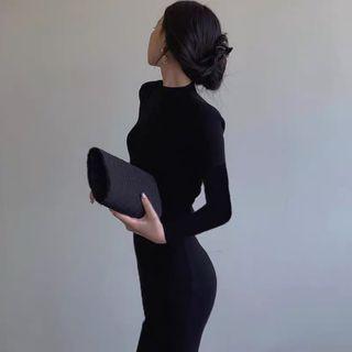 Long-sleeve Plain Knit Midi Sheath Dress