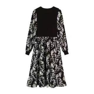 Long-sleeve Knit Panel Floral Midi A-line Dress