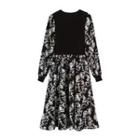 Long-sleeve Knit Panel Floral Midi A-line Dress