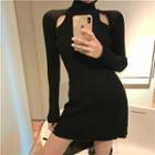 Cutout Turtle-neck Long-sleeve Slim-fit Knit Dress Black - One Size