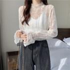 Long Sleeve Stand Collar Sheer Lace Top