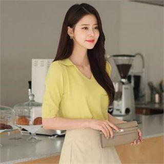 V-neck Short-sleeve Knit Top Yellow - One Size