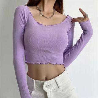 Long Sleeve Ruffled-trim Plain Crop Top
