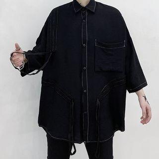 Contrast Stitching Drawstring 3/4-sleeve Shirt