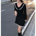 Tie-neck Ruffle Trim Knit Mini A-line Dress