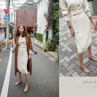 Knit Midi Sheath Dress With Sash