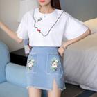 Set: Print Short-sleeve Top + Denim Skirt