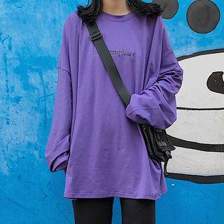 Long-sleeve Lettering Moon Print T-shirt Purple - One Size