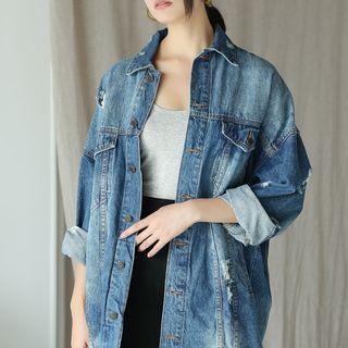Pocket-detail Distressed Denim Jacket Blue - One Size