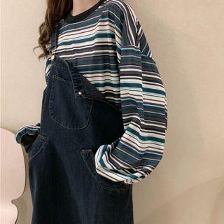 Set : Striped Long-sleeve Top + Denim Jumper Skirt