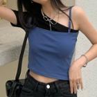 Short-sleeve Asymmetric Two Tone T-shirt Blue & Black - One Size