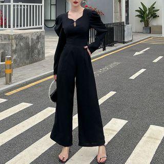 Puff-sleeve Keyhole Wide Leg Jumpsuit