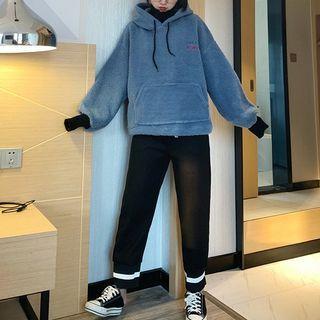 Set: Turtleneck Lettering Fleece Hoodie + Sweatpants