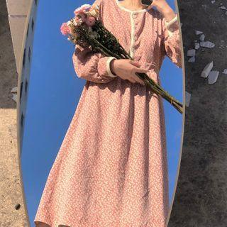 Long-sleeve Floral Print Midi A-line Dress Floral - Dark Pink - One Size