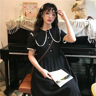 Short-sleeve Midi A-line Dress Black - One Size