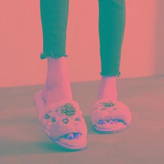 Flower-accent Fluffy Slide Sandals