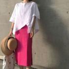 Asymmetric Elbow-sleeve T-shirt / Side Slit Midi Skirt