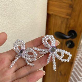 Bow Faux Pearl Dangle Earring 1 Pair - Silver Needle - Stud Earrings - White - One Size