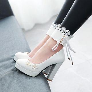 Lace Trim Ankle Strap Platform Pumps