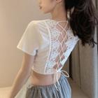 Lace Trim Lace-up Short-sleeve Cropped Top