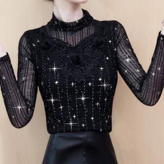 Flower Applique Glitter Mesh Top