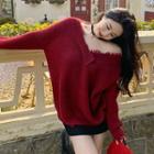 V-neck Fray Trim Sweater Red - One Size