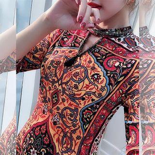 Print Elbow-sleeve Mock Two-piece Dress