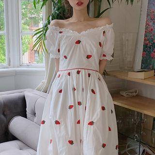 Strawberry Print Off-shoulder A-line Dress
