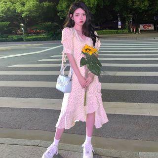 Short-sleeve Floral Print Asymmetric Dress